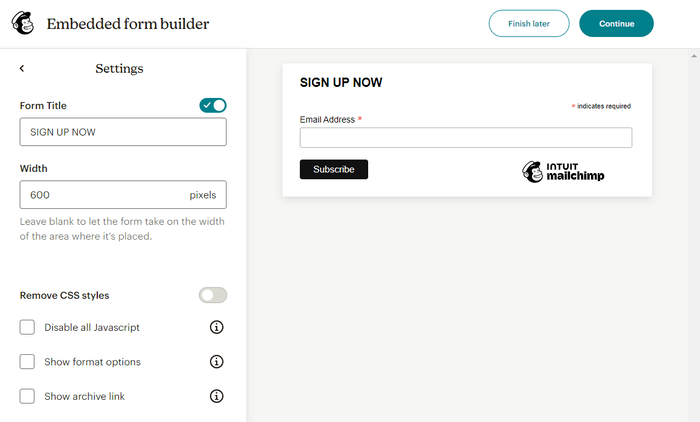 Mailchimp embedded form builder